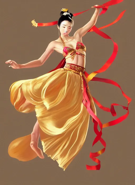 Image similar to full body portrait of a dancer throwing silk belts, feet, barefoot, full body, slightly tanned, vivacious, extremely beautiful, gold jewelry, hanfu, chinese ribbon dance, wide ribbons, silk belt, ming dynasty, detailed, realistic face, anatomically accurate, fantasy illustration, dnd, artstation, wlop.