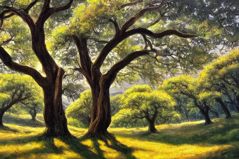 Image similar to masterpiece painting of oak trees on a hillside overlooking a creek, dramatic lighting, by kelly freas