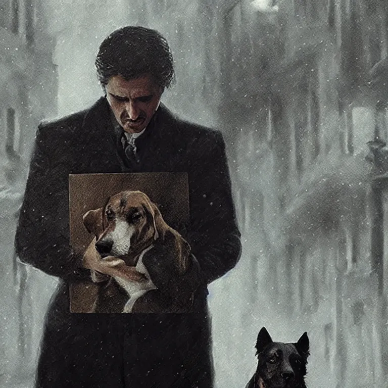 Prompt: man holding a dog photograph, the godfather film screencap, greg rutkowski