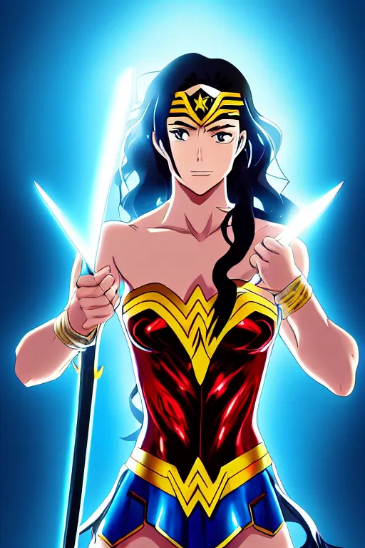 Prompt: Anime key visual of Wonder Woman holding her sword in the air with a beam of light shining on it, intricate, magical island, stunning, digital painting, artstation, illustration, graphic design, soft lighting, sword reflection, ethereal