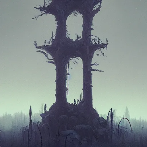 Image similar to Monumental old ruins tower of a dark misty forest, overcast, sci-fi digital painting by Simon Stålenhag