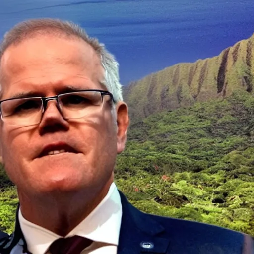 Image similar to Scott Morrison on vacation in Hawaii, apocalyptic background