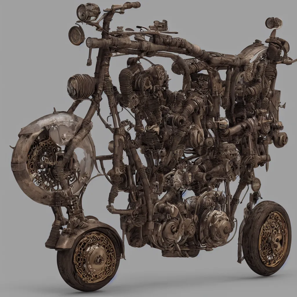 Prompt: steampunk style motorcycle, photorealistic, 3 d rendering, cute, unreal engine, bokeh