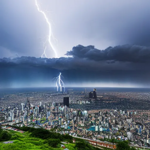 Image similar to Wide shot of colossal futuristic megacity towering across the landscape, thunder storm, EOS-1D, f/16, ISO 200, 1/160s, 8K, symmetrical balance, in-frame