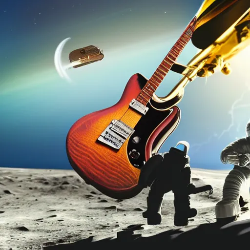 Image similar to photo of a detailed, realistic, regular sized, sitting idle fender electric guitar next to a sitting idle beer can and an astronaut sitting down on the moon surface. detailed photo. realistic photo. cinematic. cinematic shot