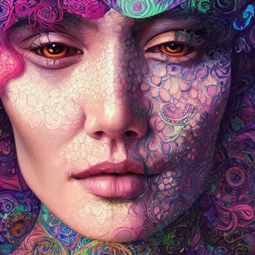 Image similar to portrait of gemma chan, hyper detailed masterpiece, neon floral pattern, jean giraud, digital art painting, darkwave goth aesthetic, psychedelic, artgerm, donato giancola and tom bagshaw