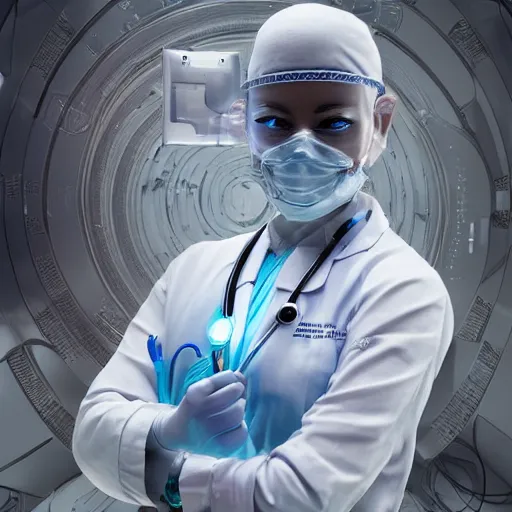 Image similar to ultra realist and ultra intricate detailed photograph of a futuristic surgeon, doctor, medicine, healthcare, technology, innovation, bright modern style, artstation, unreal render, depth of field, ambient lighting, award winning, stunning,