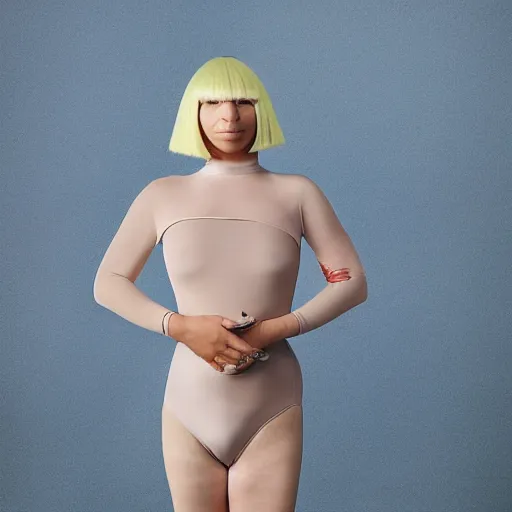 Image similar to sia furler wearing a skin colored leotard full body artistic photoshoot