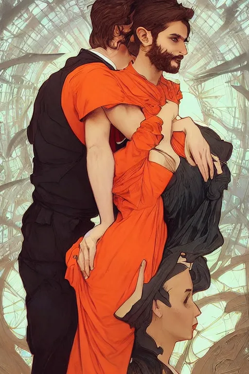 Image similar to bearded young man wearing orange t - shirt and tinfoil hat fastens zipper on beautiful black dress of his spouse before going to exquisite gala art by artgerm and greg rutkowski and charlie bowater and magali villeneuve and alphonse mucha