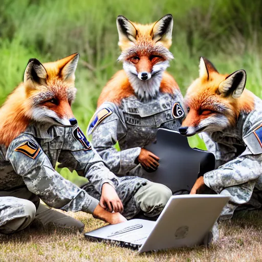 Image similar to a group of fox animals dressed in modern american military soldier uniforms, foxes laughing at a computer, 8 5 mm f / 1. 4