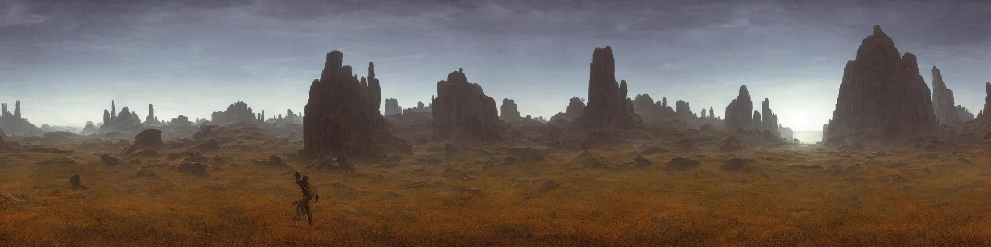 Prompt: panorama view of the background environment without main subject to focus on, no people nor a person, volumetric light from nearby sources, style by caspar david friedrich and wayne barlowe and ted nasmith.