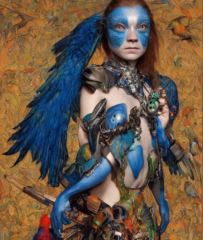 Prompt: a portrait photograph of a meditating fierce sadie sink as a colorful harpy bird super hero with blue mutated skin. she has animal skin grafts and cyborg body modifications and implants. by donato giancola, hans holbein, walton ford, gaston bussiere, peter mohrbacher and brian froud. 8 k, cgsociety, fashion editorial