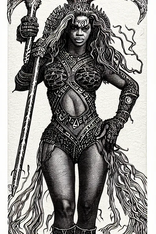 Image similar to beyonce as a d & d monster, full body, pen - and - ink illustration, etching, by russ nicholson, david a trampier, larry elmore, 1 9 8 1, hq scan, intricate details, inside stylized border