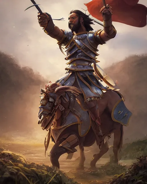 Image similar to ultrarealistic illustration of a spanish conquistador in battle, symmetrical, by daniel zrom and mingchen shen, studio ghibli color scheme, detailed, handsome, anatomy, sharp focus, photography, magic : the gathering, octane, cinematic lighting, facial features, jungle