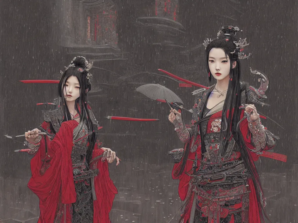 Prompt: portrait jisoo blackpink, grey hair black and red samurai armor, in japanese temple heavily rainy night, ssci - fi and fantasy, intricate and very very beautiful and elegant, highly detailed, digital painting, artstation, concept art, smooth and sharp focus, illustration, art by tian zi and wlop and alphonse mucha