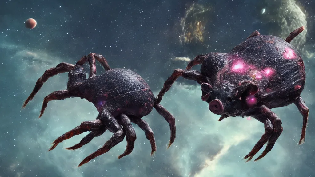 Image similar to pig spider hybrid on a planet. close bottom view. whole body. nebula background. cinematic composition. cinematic lightning. ultra realistic. 8 k. highly detailled. deep space. ultra realistic details. cinematic atmosphere. studio lighting. shadows. dark background.