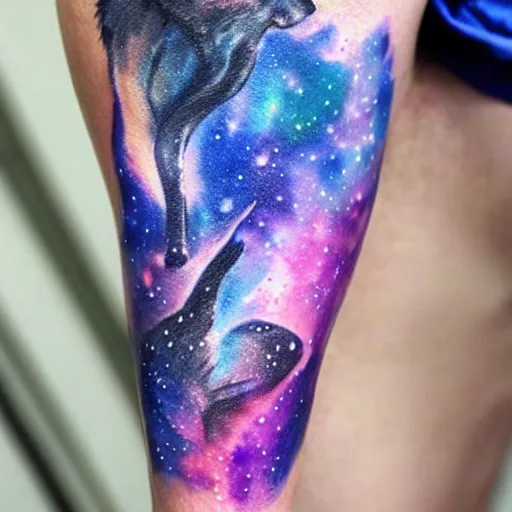 Image similar to A galaxy wolf shaped nebula watercolor tattoo, highly detailed,