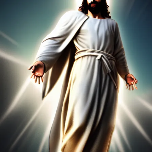 Image similar to Jesus Christ with white wings, dynamic lighting, +++ dynamic pose, high resolution, powerful, halo, 8k