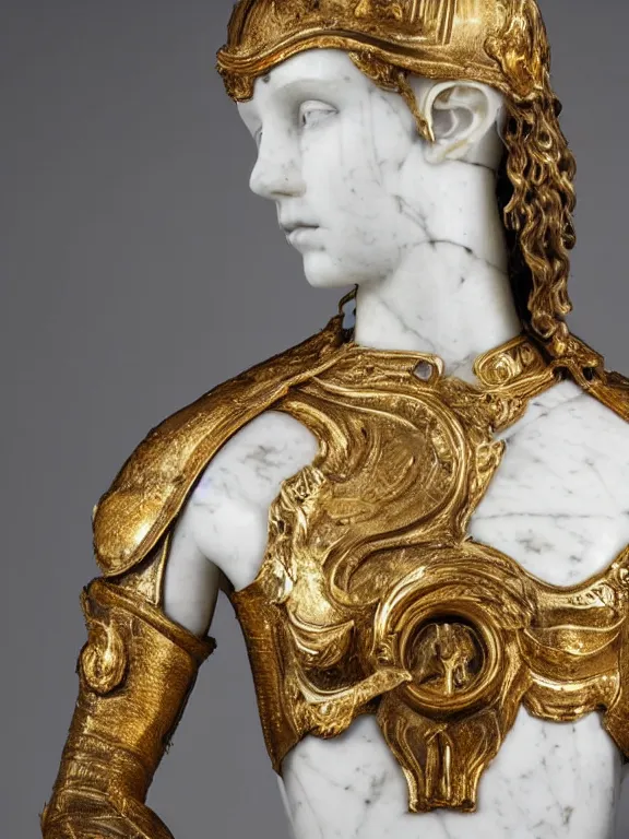 Prompt: a white art nouveau marble and gold head and torso sculpture of a worried young millie bobby brown with long, flowing hair, wearing intricate gold plate armor on her chest, delicate, intricate, smooth, beautiful, by charles van der stappen