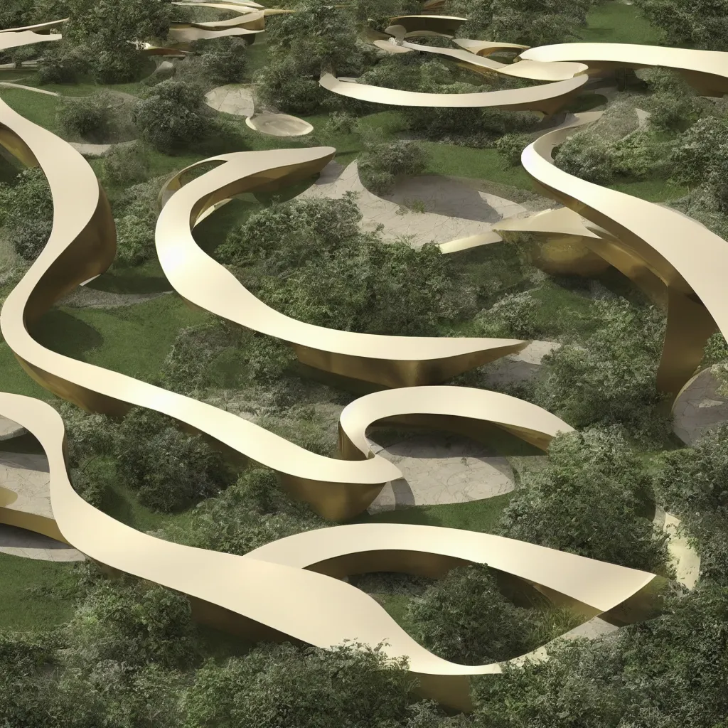 Image similar to “ an incredibly smooth curvilinear architectural spatial immersive sculpture, unfolding continuous golden surfaces enclose a visually complex garden designed by zaha hadid, architecture render ”