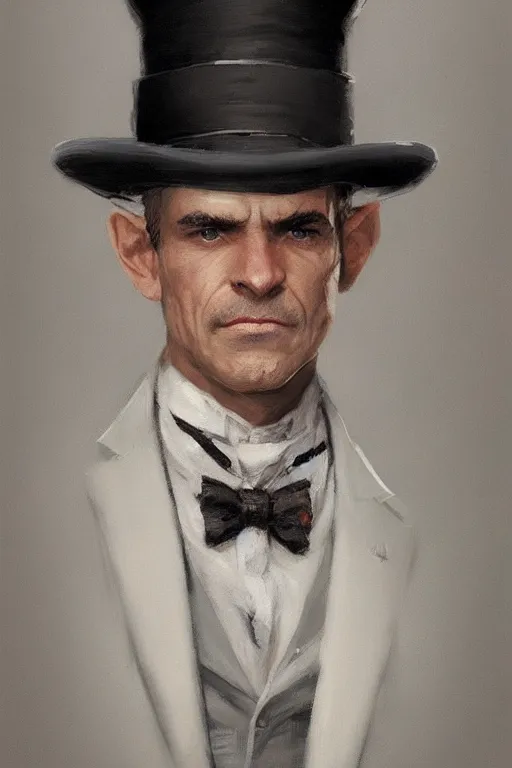 Image similar to a halfling grey hair with stubble top hat and suit by Greg Rutkowski, painting, portrait, D&D, trending on artstation