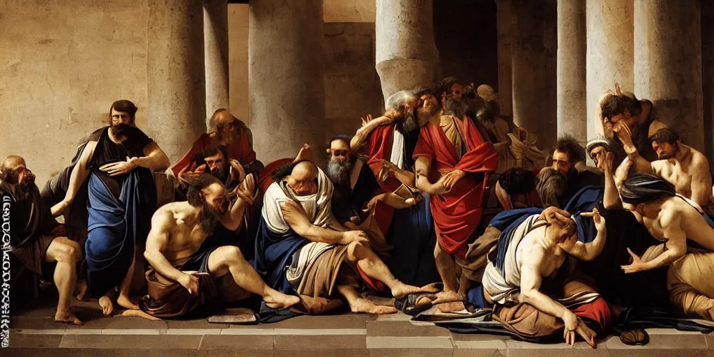 Image similar to beautiful oil matte portrait painting, men discussing politics inside a greek forum, wonderful masterpiece highly detailed, beautiful cinematic light deep focus, elegant, digital painting, smooth, sharp focus, golden ratio, dramatic illumination, ultra realistic, 8 k, art by artemisia lomi gentileschi and caravaggio