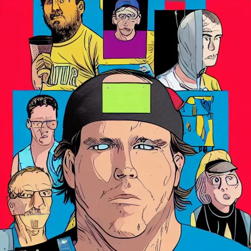 Image similar to the cover of the graphic novel version of david foster wallace's book infinite jest, featuring boys at a tennis academy, a videotape that puts you into a coma, and a recovering alcoholic trying to leave a life of crime, art by seth, chris ware, and charles burns