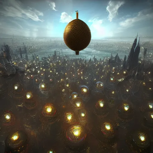 Prompt: enormous flying city!! in a gigantic faberge egg, sky!!!, steampunk, aetherpunk, fantasy art, unreal engine,