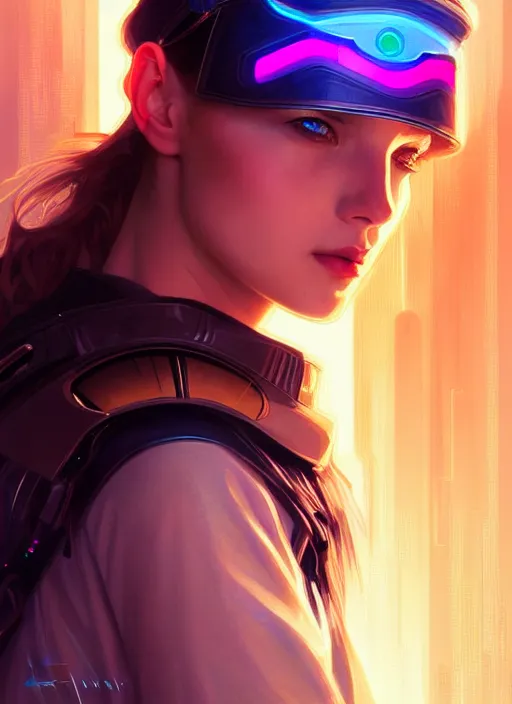 Image similar to symmetry portrait of a very beautiful caucasian young cyberpunk woman wearing a visor, sci - fi, tech wear, glowing lights intricate, elegant, highly detailed, digital painting, artstation, concept art, smooth, sharp focus, illustration, art by artgerm and greg rutkowski and alphonse mucha