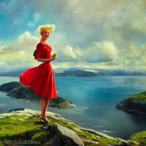 Image similar to 1950s blonde standing on top of Norwegian fjord, norway flag and sky blended, atmospheric, dreamy, painting by Vladimir Volegov