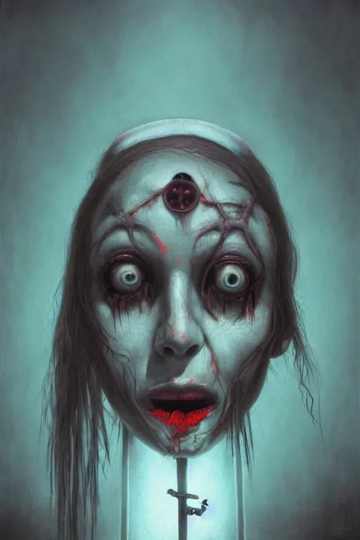 Prompt: low angle surrealism crayon cartoon grunge of a creepy horror nurse girl . intricate artwork. nightmare fuel. terrifying. by zdzisław Beksiński, wlop, dan mumford , trending on artstation, greg rutkowski very coherent symmetrical artwork. cinematic, hyper realism, high detail, octane render, 8k