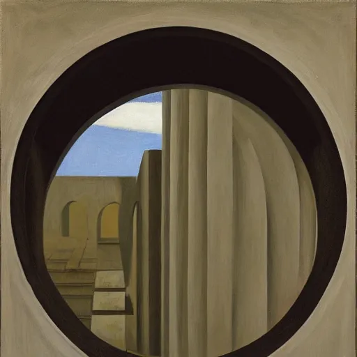 Image similar to first person view of a stark concrete maze, people peering into portholes, grant wood, pj crook, edward hopper, oil on canvas