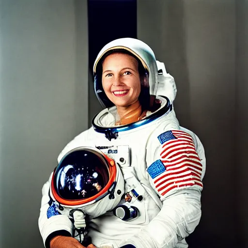 Image similar to closeup portrait of the first woman on the moon, astronaut, by Steve McCurry and David Lazar, natural light, detailed face, CANON Eos C300, ƒ1.8, 35mm, 8K, medium-format print