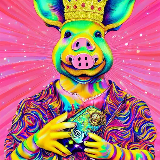 Image similar to lisa frank action pose pig wearing a gold crown holding pop can painting by android jones