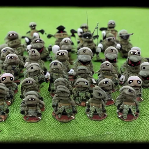 Prompt: Wonderful battle ready Muppets waiting for the war, 30mm photograph full body long shot