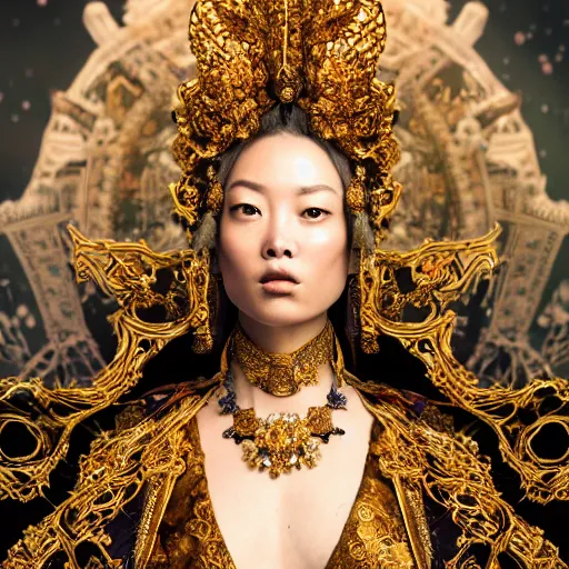 Image similar to a beautiful empress portrait, with a brilliant, impossible striking big cosmic galaxy headpiece, clothes entirely made out of cosmos chaos energy, symmetrical, dramatic studio lighting, rococo, baroque, jewels, asian, hyperrealism, closeup, D&D, fantasy, intricate, elegant, highly detailed, digital painting, artstation, octane render, 8k, concept art, matte, sharp focus, illustration, art by Artgerm and Greg Rutkowski and Alphonse Mucha