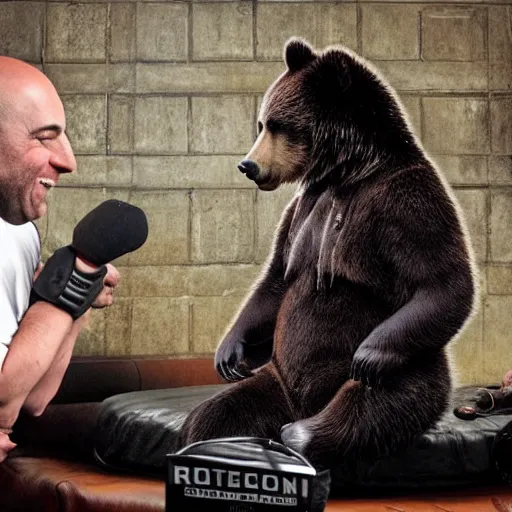 Image similar to a grizzly bear wearing a leather jacket as a guest on the joe rogan podcast