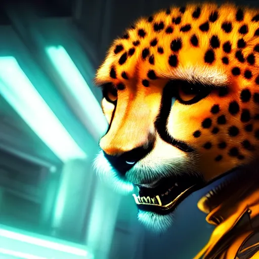 Image similar to a beautiful commission of a male anthropomorphic cheetah wearing a neon jacket,futuristic,detailed face,character design by charles bowater,mohawk,cyberpunk style,deviantart,artstation,art by greg rutkowski,ross tran,professional lighting,neon city,night,raytracing,rtx,highly realistic,4k