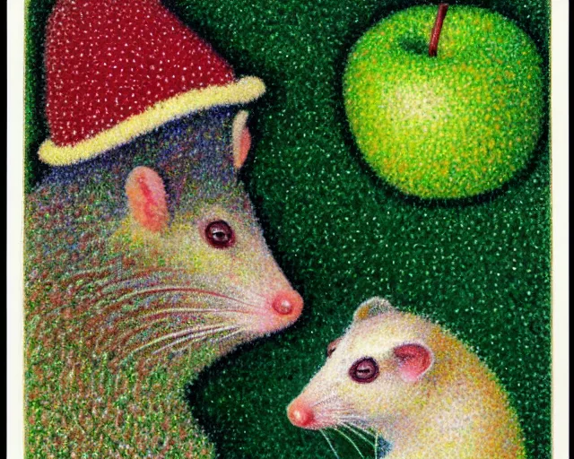 Image similar to pointillism painting of a virginia opossum wearing a green apple on its head, by paul signac, by georges seurat, by albert dubois - pillet