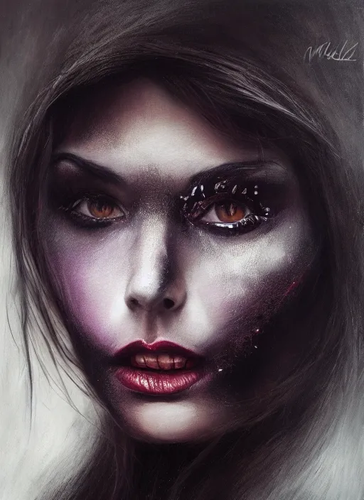 Image similar to hyper realistic, portrait, close - up, make up, dark witch, painting by ansell, mary jane, smooth, sharp focus