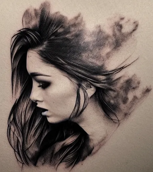 Image similar to tattoo design sketch of an extremely beautiful woman face with a faded background of beautiful mountains on her side, hyper - realistic, double exposure effect, in the style of matteo pasqualin, amazing detail, black and white, faded