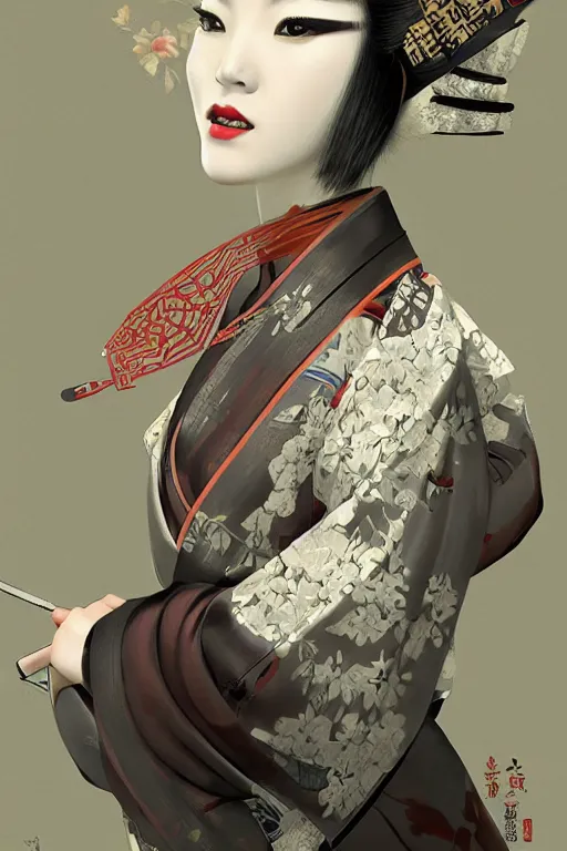 Image similar to the oriental female bionic artificial intelligence geisha in kimono is white, tender and beautiful. behind it is a japanese tatami room painted with a wave ukiyo screen, game character concept art, wide view, high detailed, craig mullins, peter mohrbacher, unreal engine, 8 k, dark beauty, trending on artstation