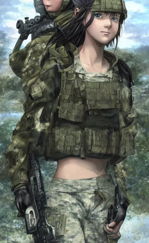 Image similar to girl, trading card front, future soldier clothing, future combat gear, realistic anatomy, war photo, professional, by ufotable anime studio, green screen, volumetric lights, stunning, military camp in the background, metal hard surfaces, generate realistic face