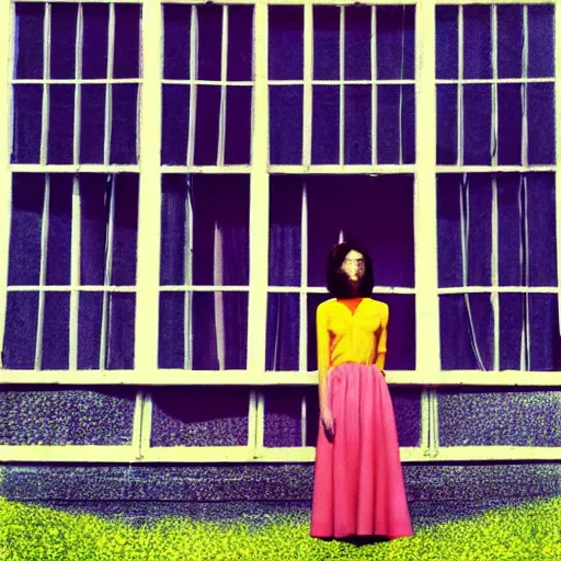 Image similar to giant flower head, girl standing by 1 9 6 0 window, surreal photography, symmetry, mid century, flat perspective, bright colours, blue sky, realistic, wes anderson