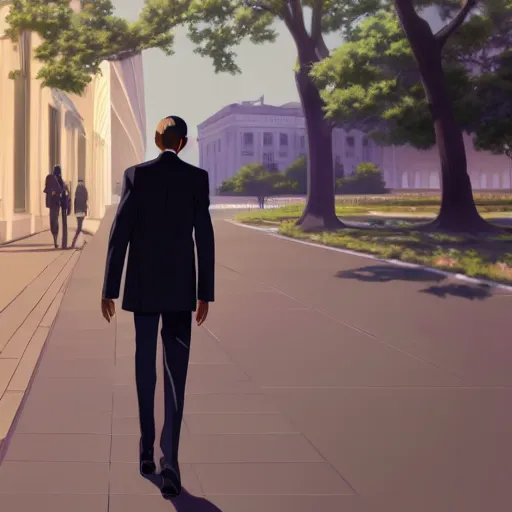 Image similar to beautiful makoto shinkai anime style digital painting portrait of barack obama at the white house walking away from a woman, heartbroken, 4 k, 8 k, hd, high resolution, highly detailed, intricate detail, ultra realistic faces, digital art, trending on artstation, your name, weathering with you