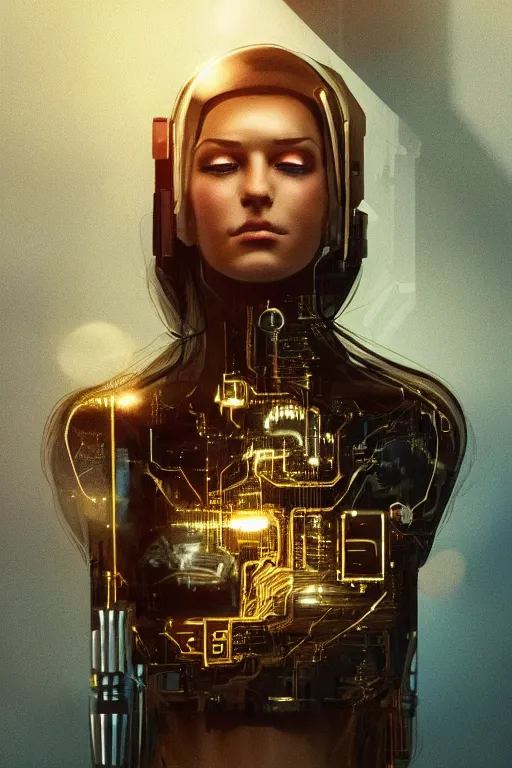 Image similar to Kodak Portra 400, 8K, soft light, volumetric lighting, highly detailed, britt marling style 3/4 ,portrait photo of a beautiful cyborg woman with gold , cyberpunk,sci-fi, fantasy, intricate, elegant, highly detailed, digital painting, artstation, concept art, smooth, sharp focus, illustration, art by artgerm and greg rutkowski and alphonse mucha