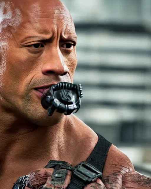 Image similar to film still close up shot of dwayne johnson as bane from the movie the dark knight rises. photographic, photography