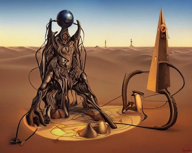 Image similar to strange cyberpunk pagan giant monument in the middle of the desert in the style of dali and bosch and moebius, oil painting