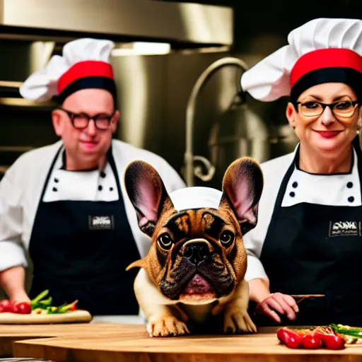 Prompt: a 8k highly detailed still photo by David Bailey of Two multi-colored French Bulldogs in chef hats and aprons starring on a cooking show, a high end restaurant kitchen in the background, bokeh