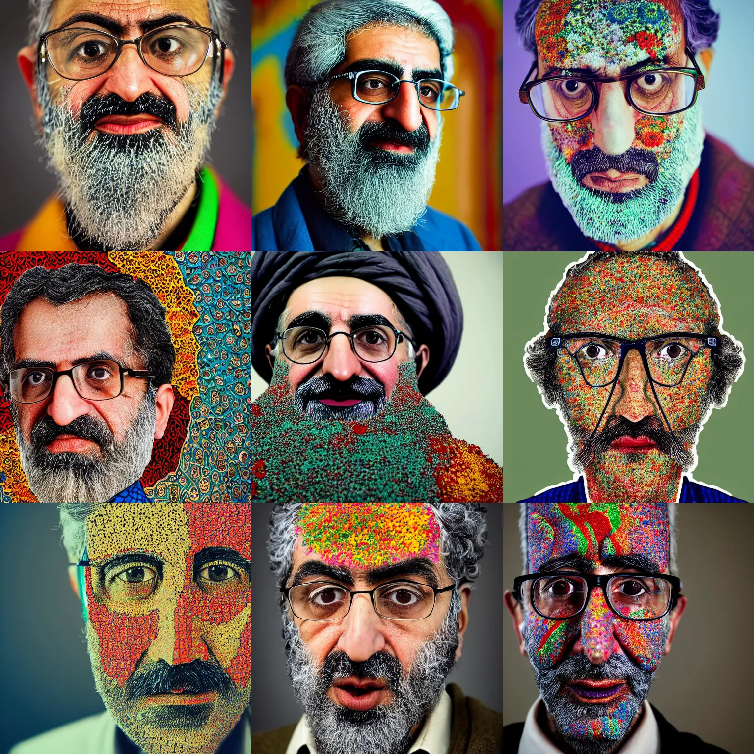 Prompt: close up portrait of a carpeted figure of a Iranian scientist, anatomically correct, colourful, lots of detail, depth of field, intricate, delicate, by Jonas Jensen, Magnum photos